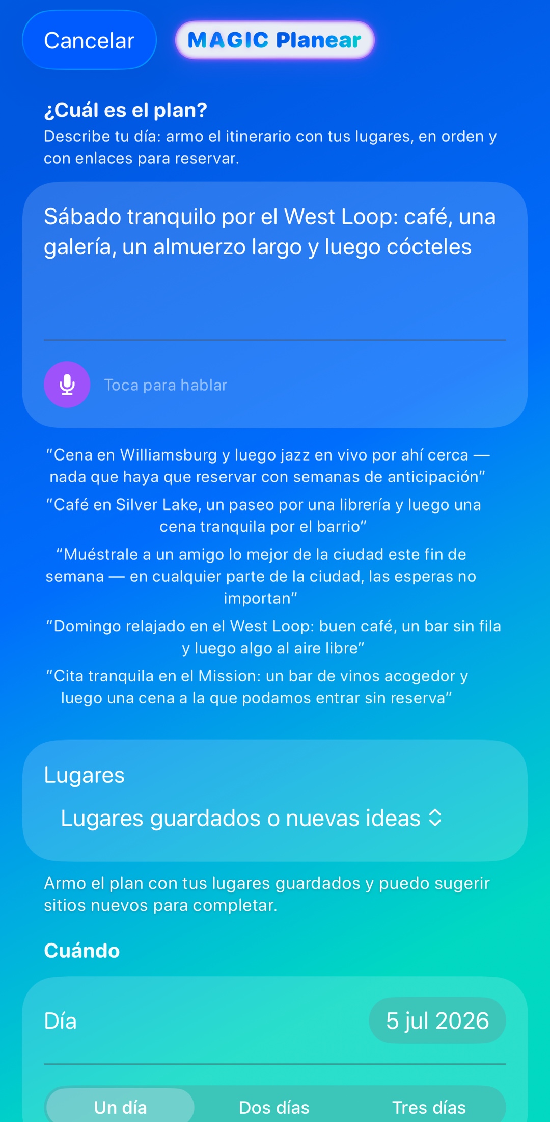 Describe tu día. Recibe el itinerario.