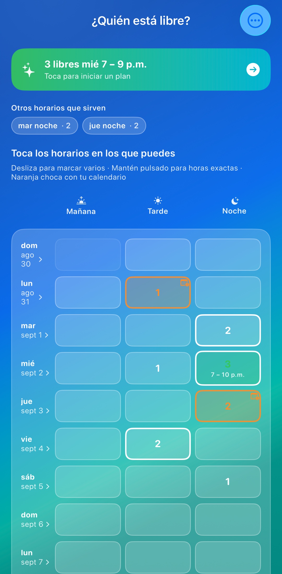 La pantalla de ¿Quién está libre? de Whosly — encuentra una hora que le sirva a todo el grupo