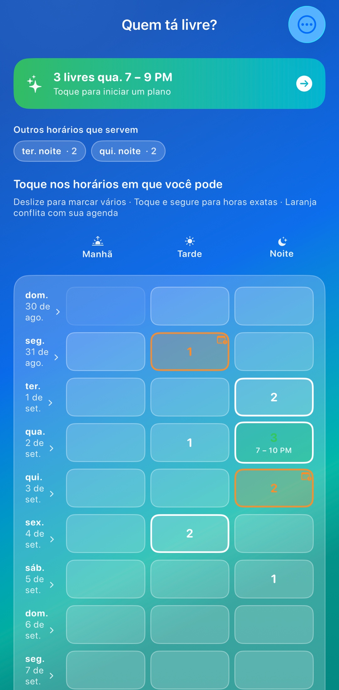 A tela Quem tá livre? do Whosly — encontre um horário que sirva para o grupo todo