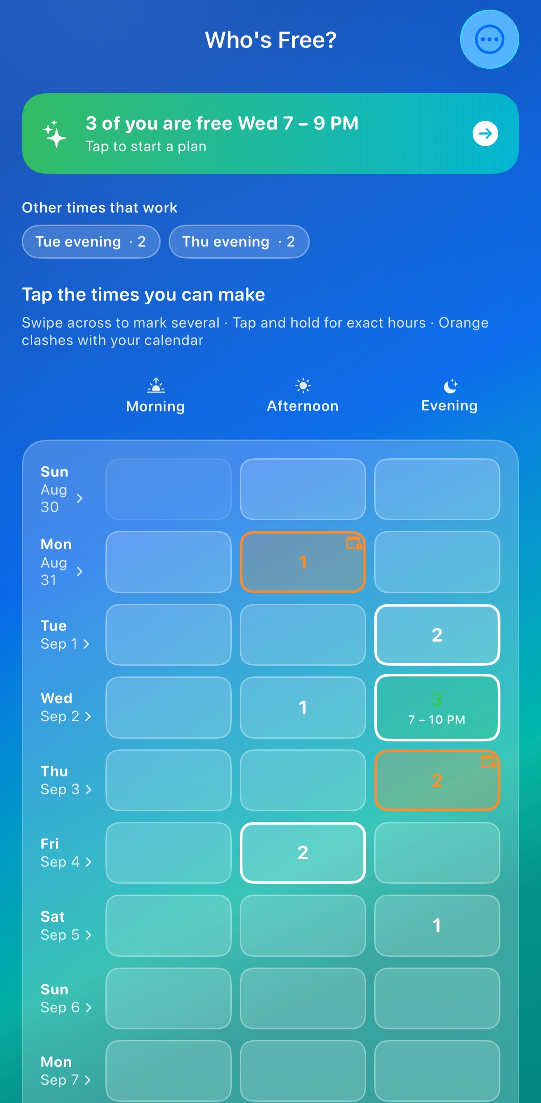 Whosly's Who's Free? screen — finding a time the whole group can make